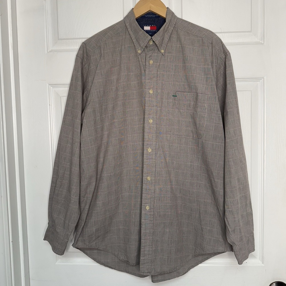 Tommy Hilfiger Mens L Long Sleeve Button Down Gray plaid Shirt Classic Normcore